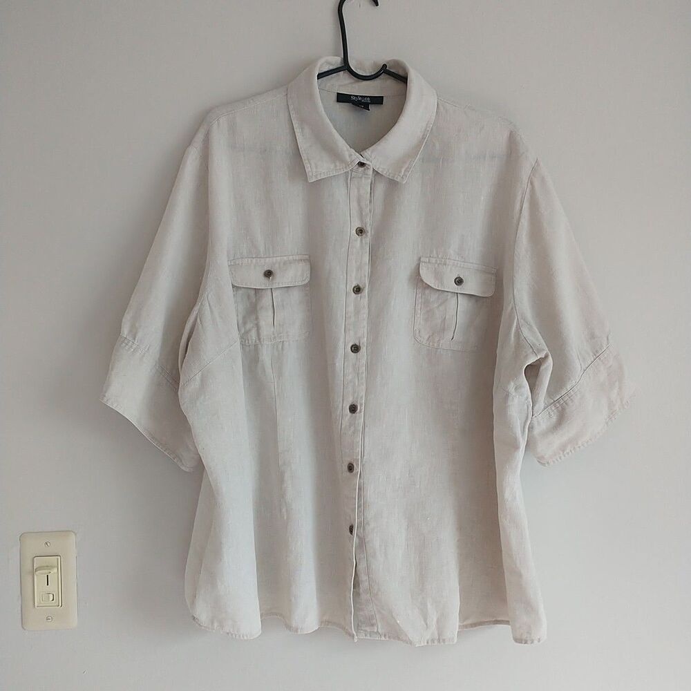 Style&Co Camp Shirt Top Womens 24W Beige 100% Linen Short Sleeve Pocket Safari
